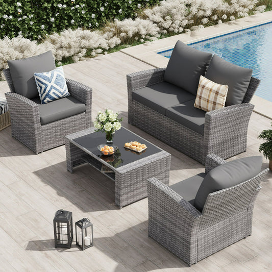 UDPATIO Wicker Patio Furniture Set, 4 Piece Outdoor Sectional Conversation Sets, Gray PE Rattan Patio Sofa Set for Balcony, Porch, Backyard, Grey