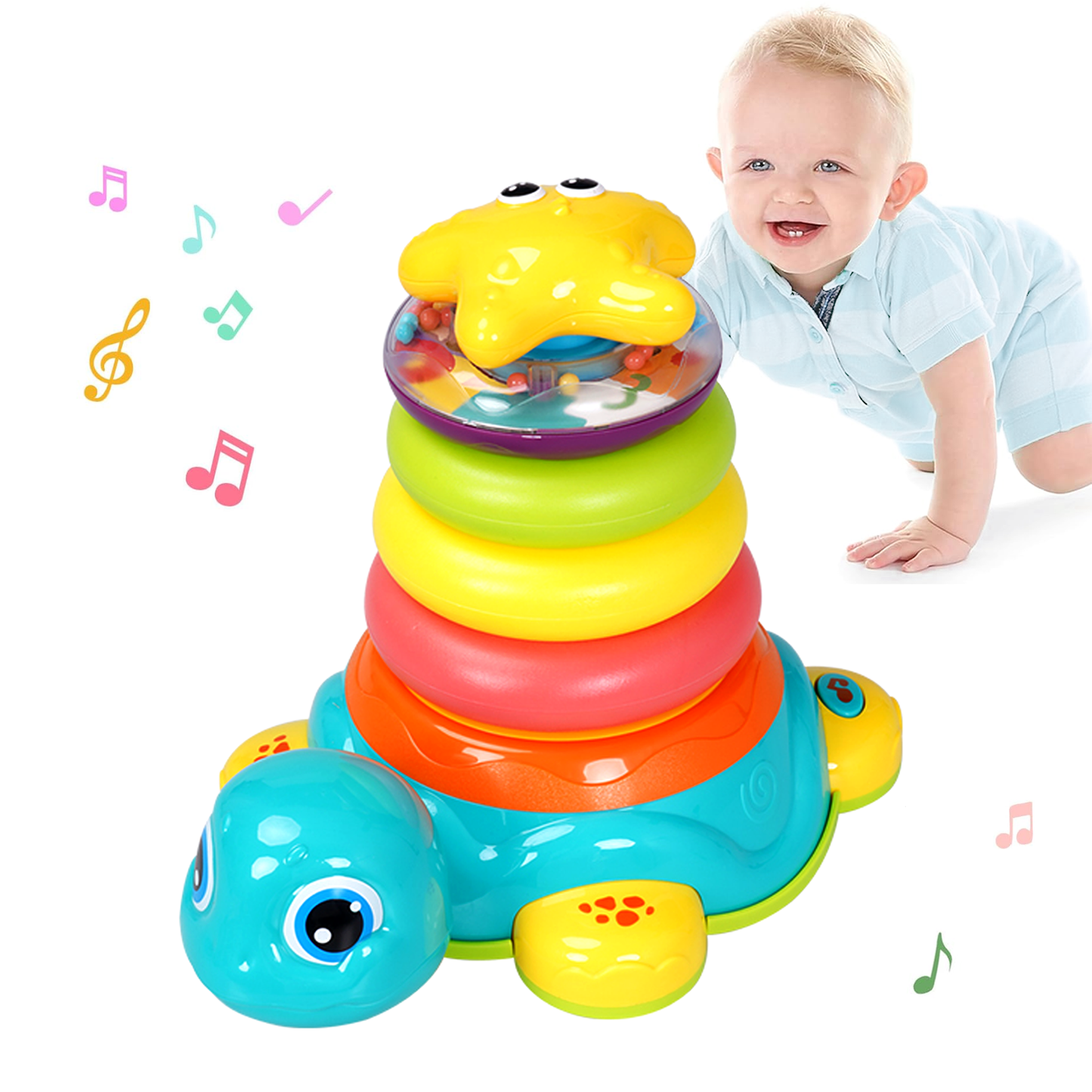 Richgv Baby Crawling Toys for 6-12 Months, Turtle Baby Toys Light up Musical Toys with Stacking Rings, Infant Tummy Time Toys for Boys Girls 1-3 Year