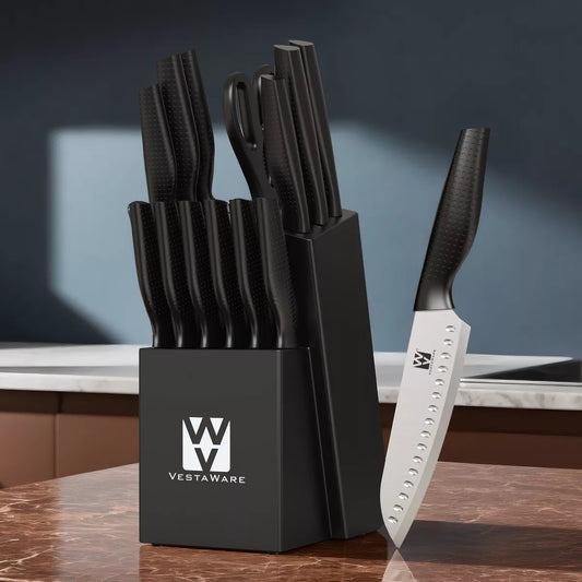 Knife Set, Vestaware 14 Pcs Kitchen Knife Set, Practical One-Piece Knife Block Set, Ultra Sharp Stainless Steel Knives Set Ergonomic Anti-slip Handle