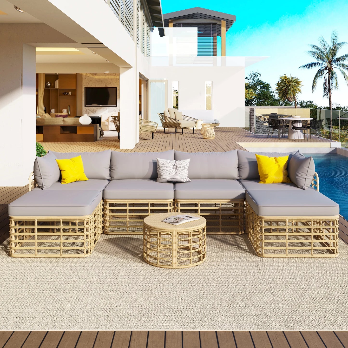 Segmart 7 Pieces Outdoor Patio Furniture, All-Weather Rattan Sectional Sofa Set with Thick Cushions and Pillows, Freely Combined Conversation Sets for Garden, Backyard, Balcony, Gray