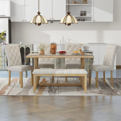 EUROCO 60" 6-Piece Dining Table Set,Dining Room Set with 1 Table,Unique Table Legs,Bench and 4 Cushioned Chairs,Solid Wood Rectangular Table and Chair Set, Kitchen Table Set