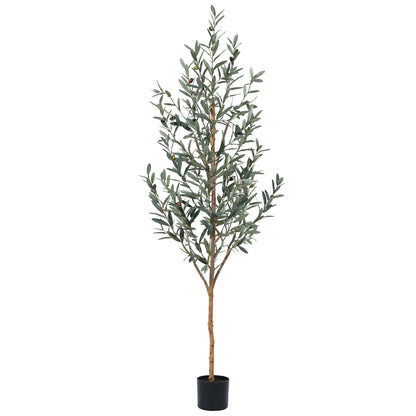 6 ft Artificial Olive Plants with Realistic Leaves and Natural Trunk, Silk Fake Potted Tree with Wood Branches and Fruits, Faux Olive Tree for Office Home Decor