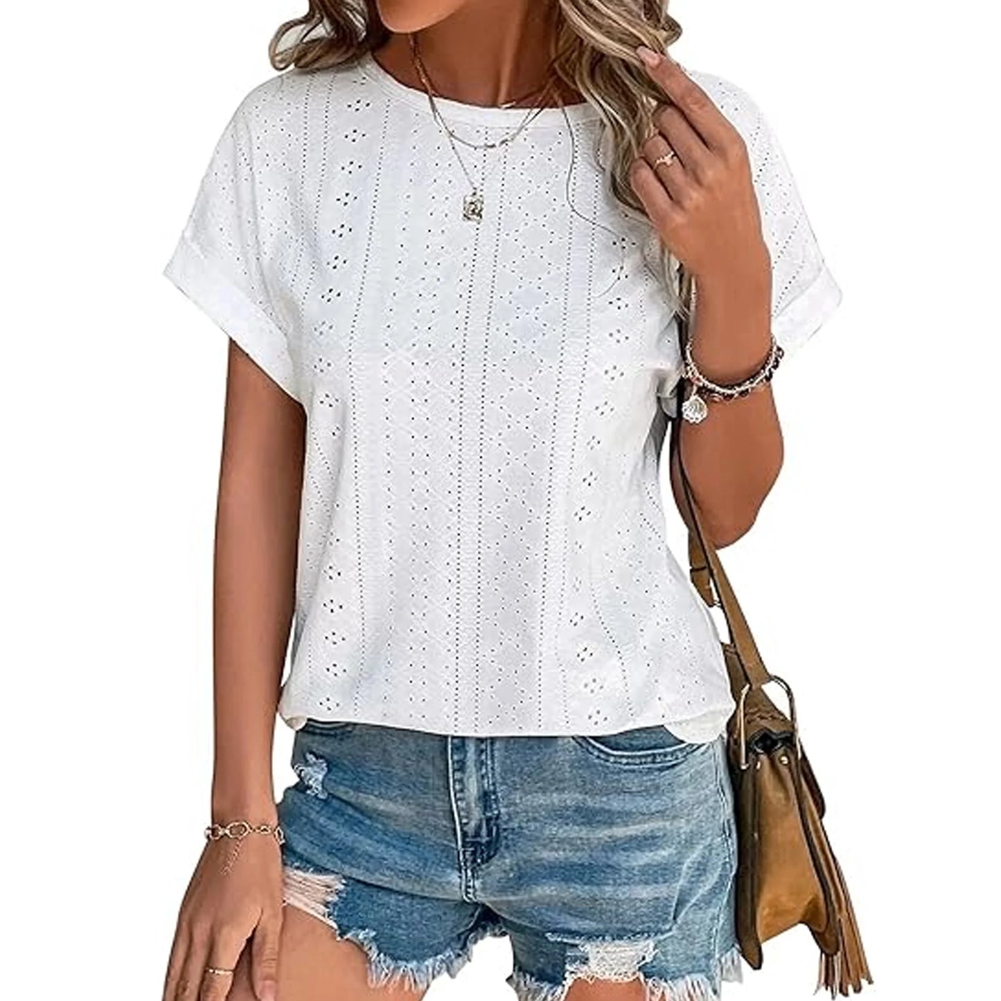 TEMOFON Womens Tops Eyelet Embroidery Summer Spring Crewneck Casual Short Sleeve Blouse Trendy T Shirts for Womens Clothes Trendy Shirts Tunic Tops