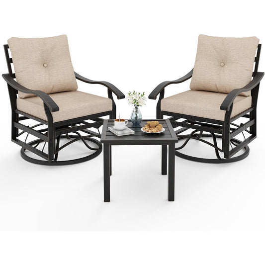 UDPATIO Outdoor Swivel Rocker Chairs, 3 Piece Metal Patio Rocking Chairs with Padded Cushions Patio Bistro Furniture Set with Side Table for Porch Balcony Backyard, Beige