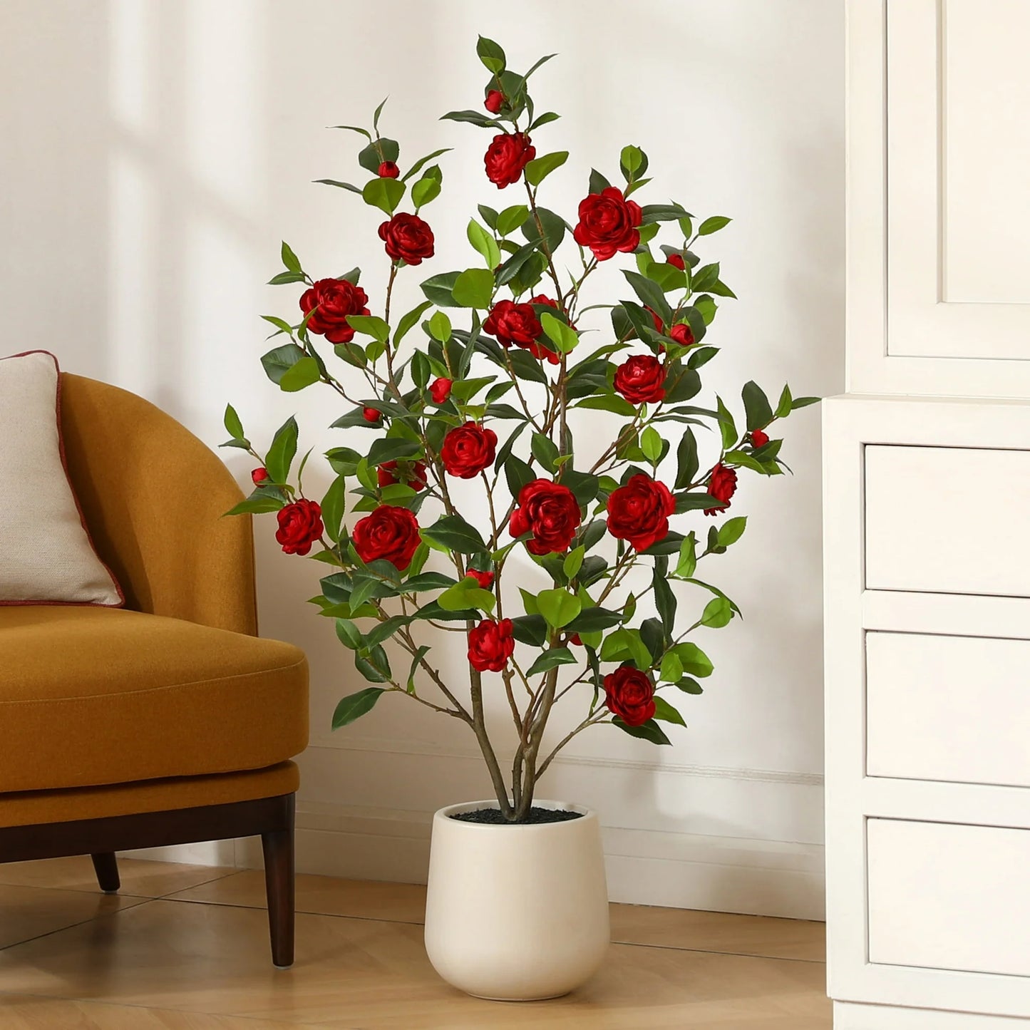 4ft Artificial Red Camellia Tree with 9 inch White Planter, Tall Fake Camellia Trees with Red Flowers, Faux Camellia Silk Plants for Indoor, Large Plants for Home Decor