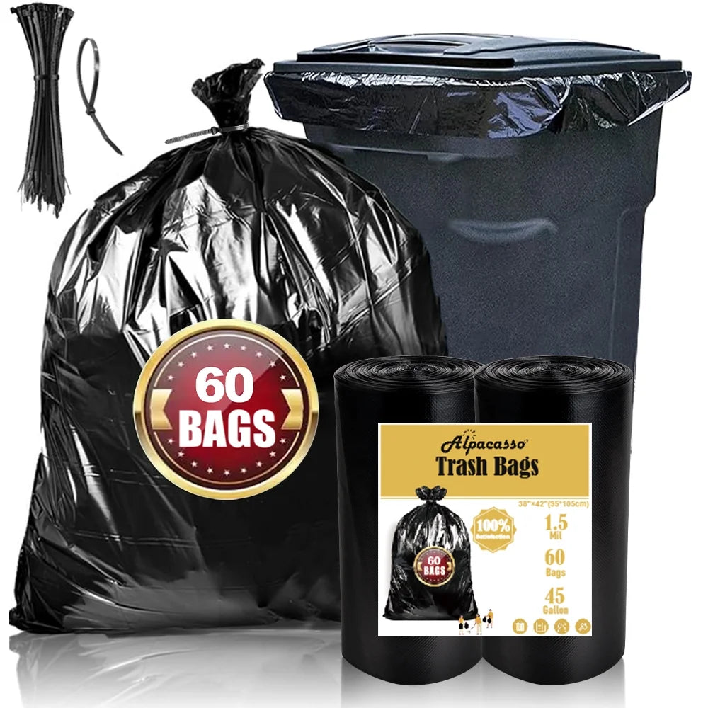 40-45 Gallon Trash Bags, 1.5Mil, Black Heavy Duty Garbage Can Liners 36'' x 44'' (60 Count)