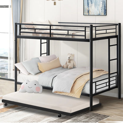 Twin Over Twin Bunk Bed with Trundle, Metal Twin Bed with Safety Guard Rail and Ladders, Space-Saving Design Sleeping Bedroom Bunk Bed for Boys, Girls, Kids, Young Teens and Adults, Easy Assembly, K92