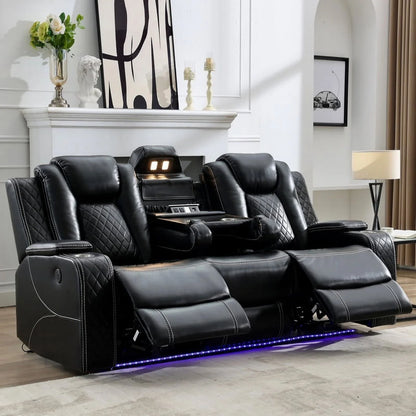 3-Seat Power Recliner Chair Sofa Set for Living Room,Black Faux Leather Electric Home Theater Seating Reclining Sofa Couch with Flipped Middle Backrest,LED Light,USB Port,Cup Holder,Hidden Arm Storage