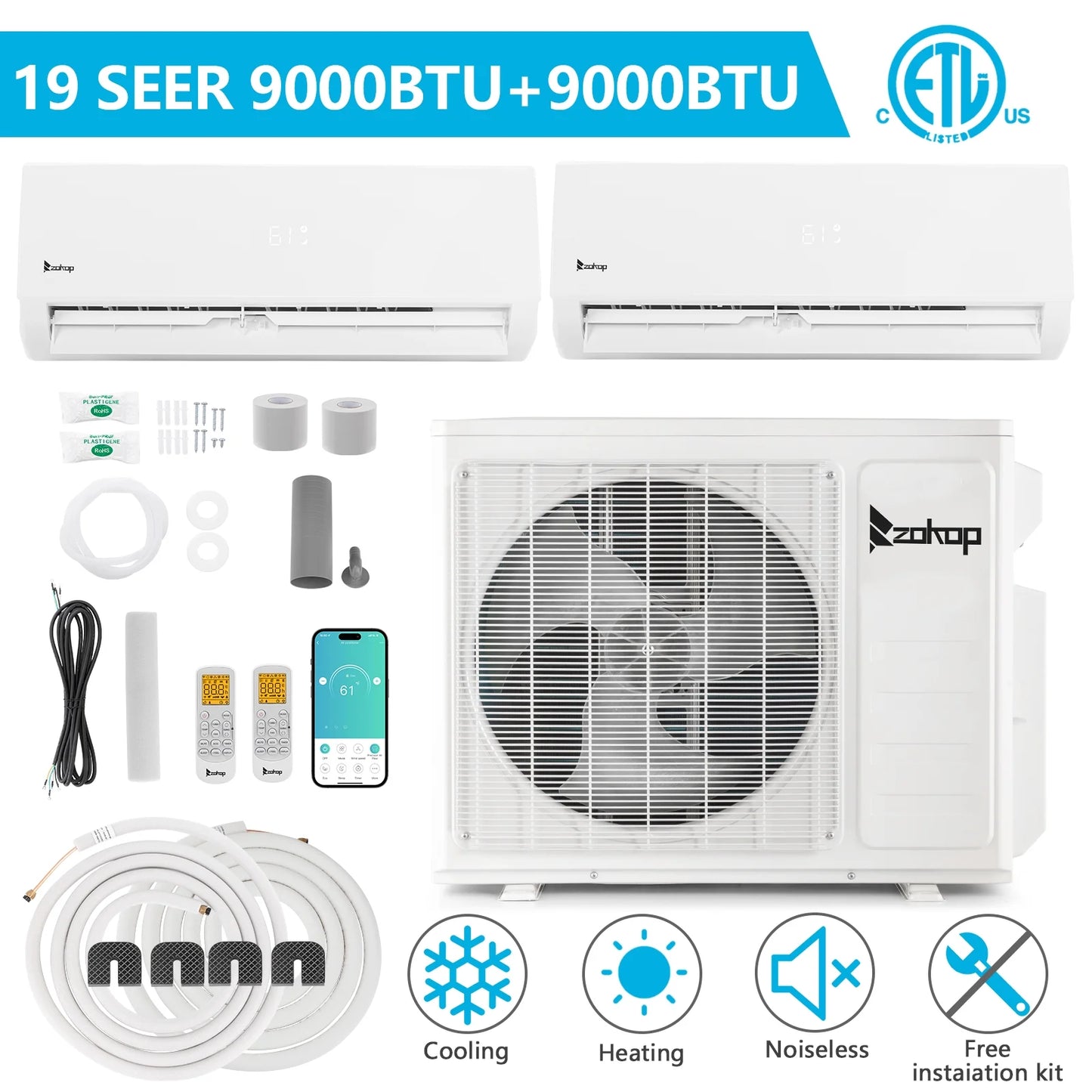 Ktaxon 2 Zone 9000 + 9000 BTU WIFI Mini Split AC/Heating System, 19 SEER2 Dual Zone 18000 BTU Ductless Split Air Conditioner with Pre-Charged Condenser, Heat Pump & 25Ft Installation Kit, 208-230V