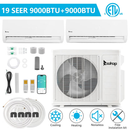 Ktaxon 2 Zone 9000 + 9000 BTU WIFI Mini Split AC/Heating System, 19 SEER2 Dual Zone 18000 BTU Ductless Split Air Conditioner with Pre-Charged Condenser, Heat Pump & 25Ft Installation Kit, 208-230V