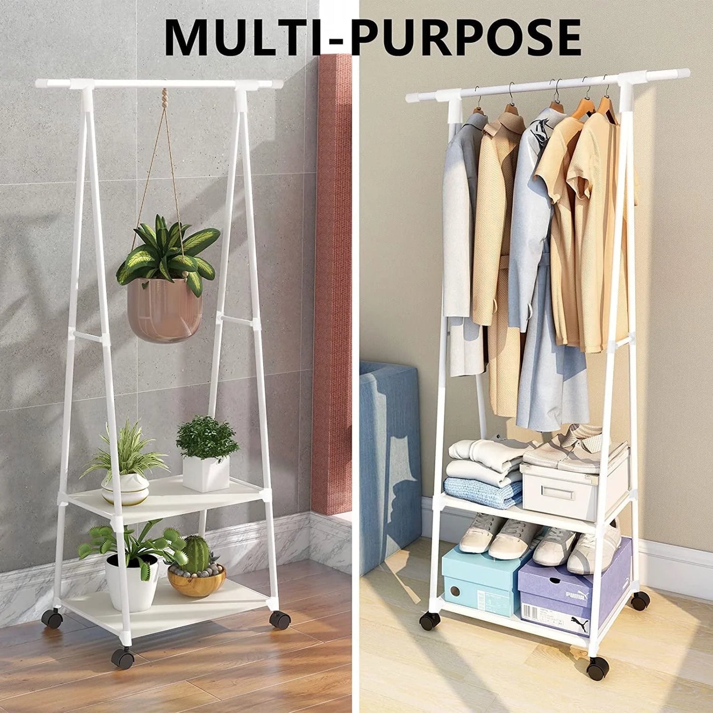 Clothes Rack on Wheels, Triangle Coat Rack, Rolling Garment Rack, 2 Tier Rolling Clothes Rack, Coat Hanging Rack, Portable Garment Laundry Rack for Home Office Dorm White