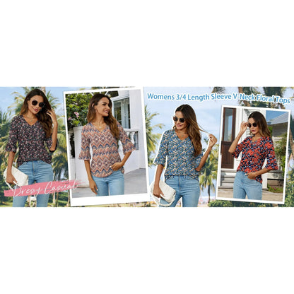 UVN Tunic Blouses for Womens Floral Print Tops Summer V-Neck 3/4 Ruffle Sleeve Blouse