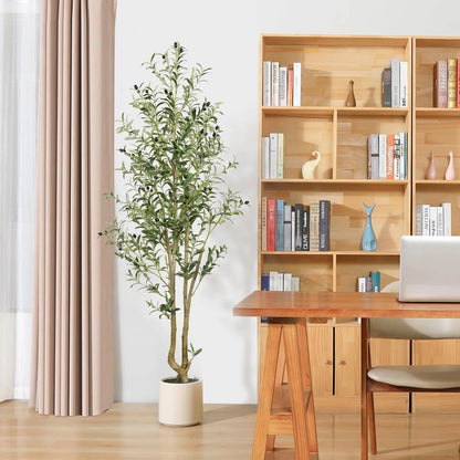 6FT Artificial Olive Tree Indoor, Silk Fake Potted Tree with Natural Wood Trunk & Lifelike Fruits, Faux Plant for Modern Home Office Living Room Floor Decor