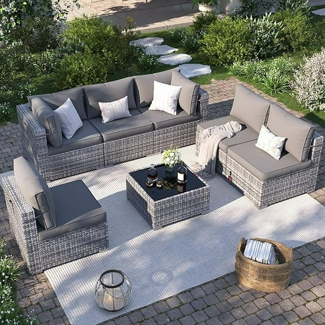 UDPATIO Patio Furniture Sets, Modular Rattan Outdoor Patio Sectional Furniture Sofa Set, Wicker Patio Conversation Set for Backyard, Deck w/Coffee Table, 7PC Grey/Grey (Include Sofa Cover)
