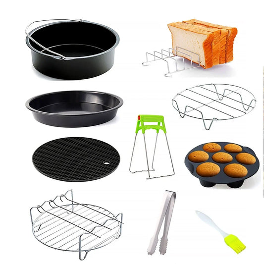 Air Fryer Accessories - 8 Inch Set of 10 Pcs Compatible for Ninja Foodi Cosori instant Pot, Fit 4 - 6.8QT Accessories for Air Fryer with Cake Pan, Pizza Pan, Air Fryer Liner (Set of 10)