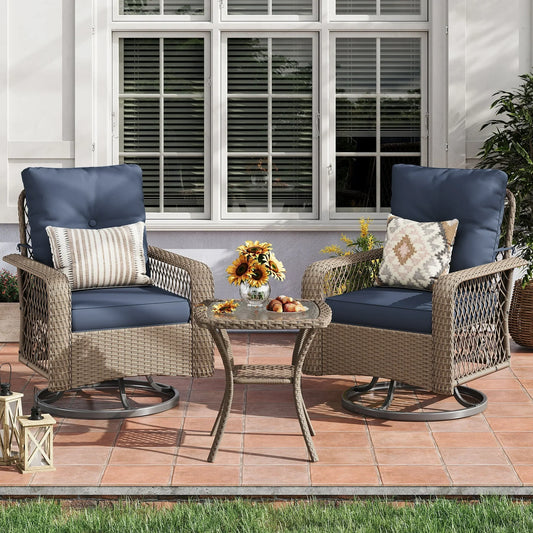 UDPATIO 3 Pieces Patio Furniture Set, Outdoor Swivel Gliders Rocker, Wicker Patio Bistro Set with Rattan Rocking Chair, Glass Top Side Table and Thickened Cushions for Porch Deck Backyard (Blue)