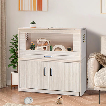 Segmart Hamster Cage Large Size, Deluxe Wooden Storage Cabinet Small Animal Cage for Rat Gerbil Guinea Pig Hamster, Openable Top, Front Door, Storage Shelf, Beige