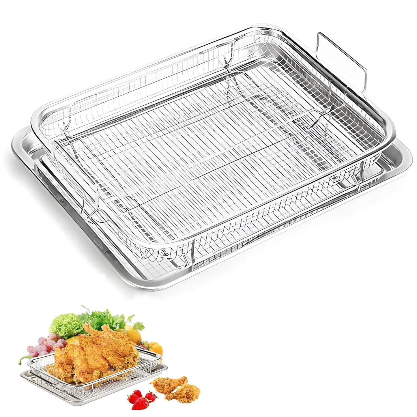 Air Fryer Basket for Oven, 2 Set Stainless Steel Air Fryer Pan and Crisper Tray, Non-stick Oven Air Fryer Basket for Baking and Crispy Foods Chicken, French Fry and Frozen Food (11.8 x 15.7 Inch)