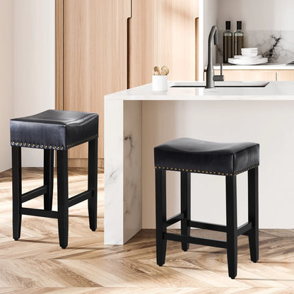 Furniliving Modern Backless Counter Stool Rubber Wood Saddle Seat Stool Kitchen Counter Bar Stool,Set of 2,Black