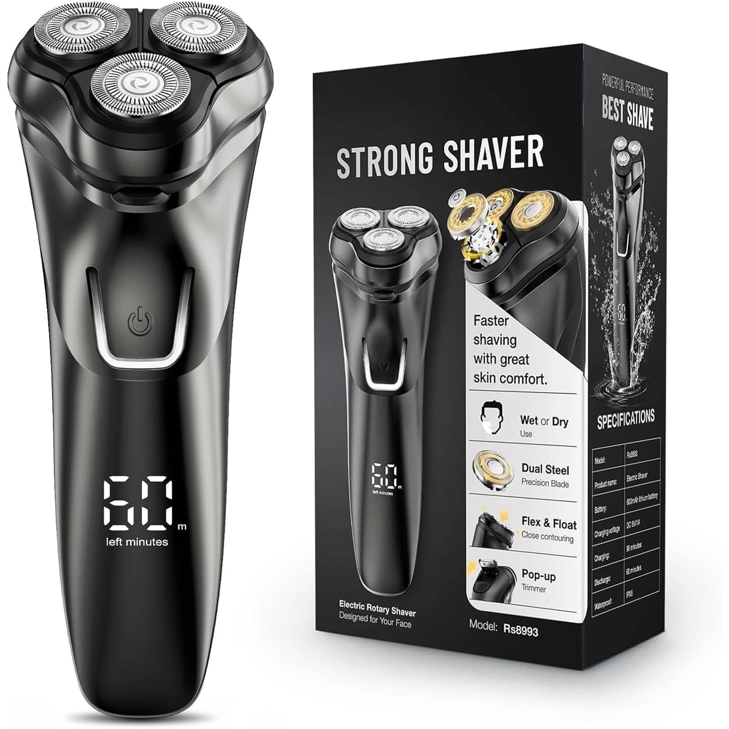Vislone Electric Razor for Men, Rechargeable Electric Shaver for Men, Wet Dry Shaver with Pop-Up Trimmer, IPX7 Waterproof, Black