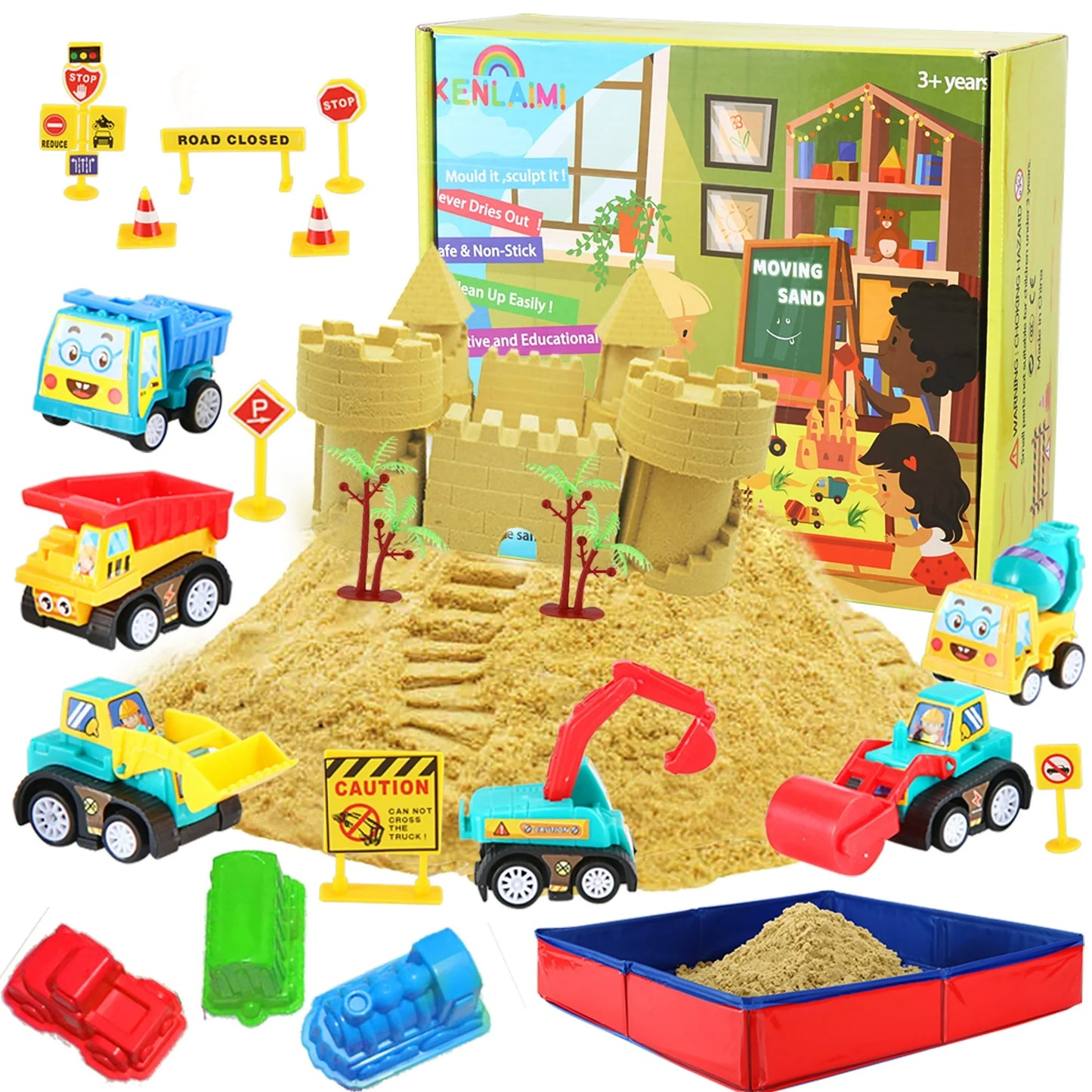 CROSOFMI Play Construction Sand Kit - Foldable Sandbox with 2lbs Sand, 6 Mini Trucks, 10 Road Signs and Modeling Tools - Perfect Gift for Kids Ages 3+