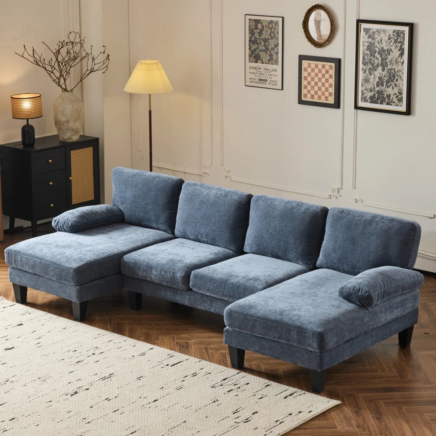 Ktaxon U-Shaped Sectional Sofa, 111" Chenille Couch, 4 Seat Lounge Sleeper with Double Chaise for Living Room Blue