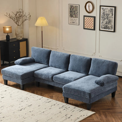 Ktaxon U-Shaped Sectional Sofa, 111" Chenille Couch, 4 Seat Lounge Sleeper with Double Chaise for Living Room Blue