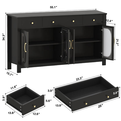 55" Sideboard Buffet Cabinet with Storage, Buffet Table with 3 Drawers and 4 Glass Doors, Kitchen Coffee Bar Cabinet with Adjustable Shelves for Dining Room, Living Room