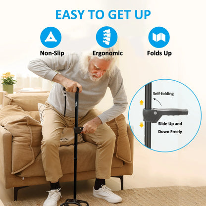 HEALTHBAZAAR Quad Cane Walking Cane for Women  Men for Balance Stability Adjustable Lightweight Walking Stick Black