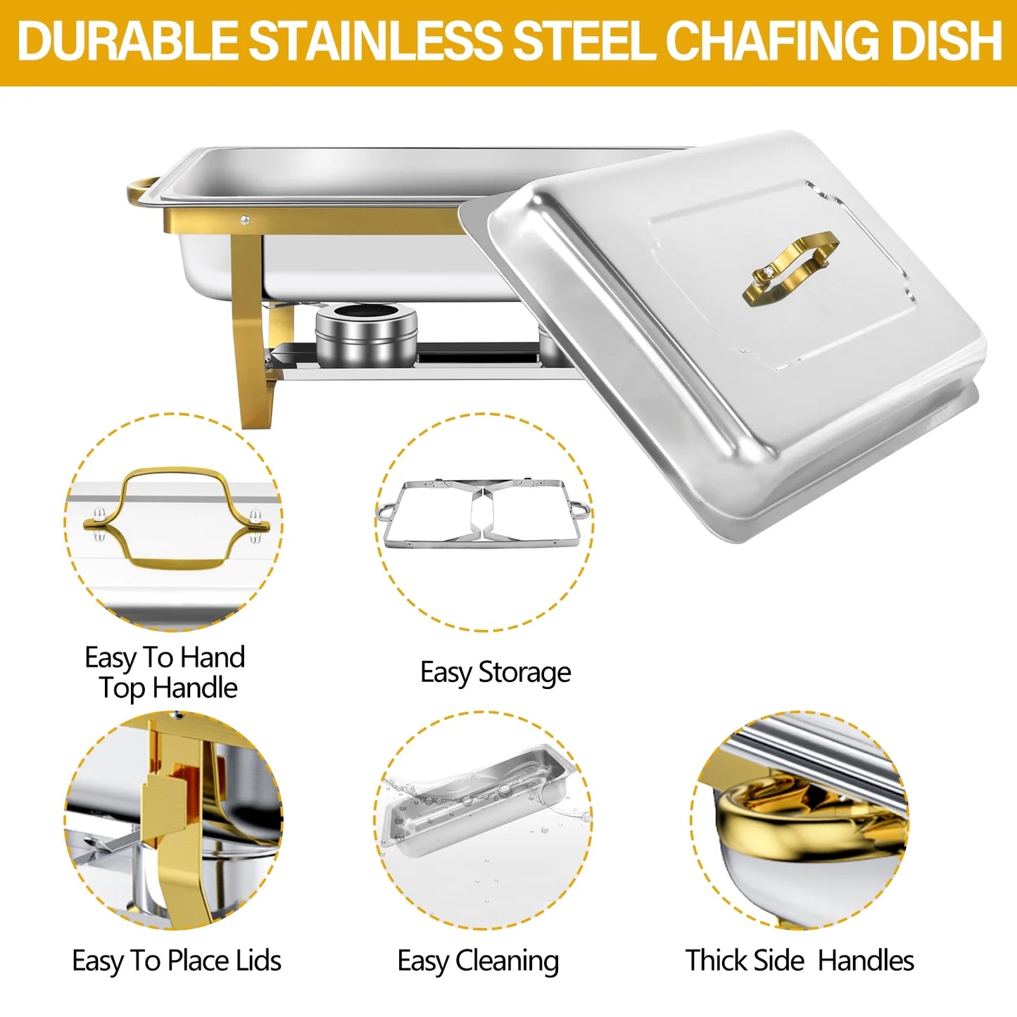 Chafing Dish Buffet Set 4 Pack, Jacgood 8QT Gold+Silver Stainless Steel Chafing Dishes for Buffet, Chafers and Buffet Warmers Sets for Parties, Events, Wedding, Camping, Dinner