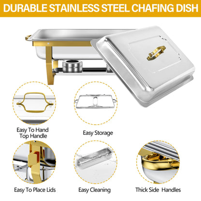 Chafing Dish Buffet Set 4 Pack, Jacgood 8QT Gold+Silver Stainless Steel Chafing Dishes for Buffet, Chafers and Buffet Warmers Sets for Parties, Events, Wedding, Camping, Dinner