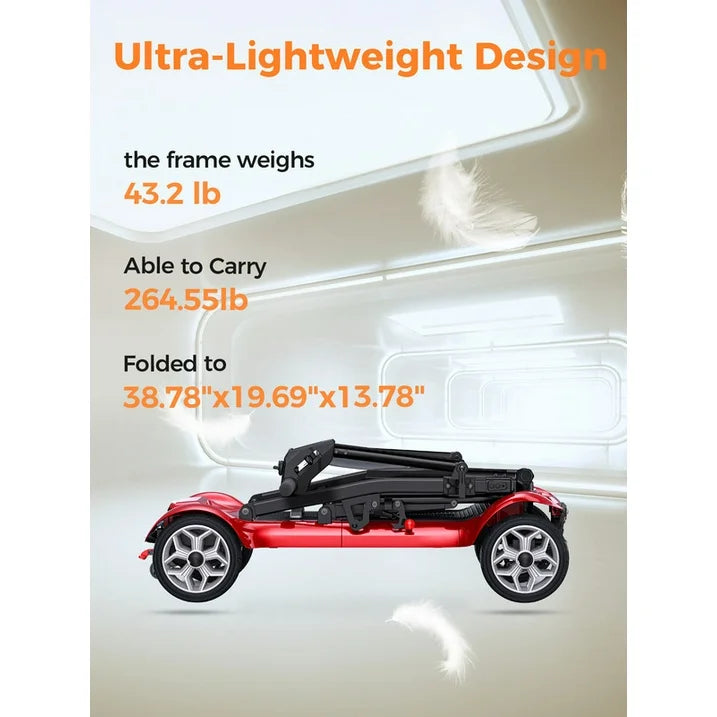 ENGWE 4 Wheel Mobility Scooter for Adults Seniors - Ease 2 Pro Luxury 24V 20A Li-ion Battery Lightweight 43.2lb Compact Folding Portable to Travel 270W Motor, Headlight Basket, Dual Battery-Red