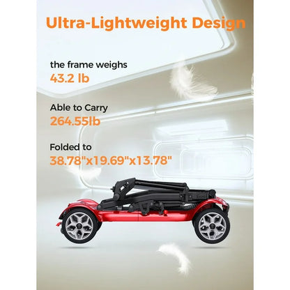 ENGWE 4 Wheel Mobility Scooter for Adults Seniors - Ease 2 Pro Luxury 24V 20A Li-ion Battery Lightweight 43.2lb Compact Folding Portable to Travel 270W Motor, Headlight Basket, Dual Battery-Red