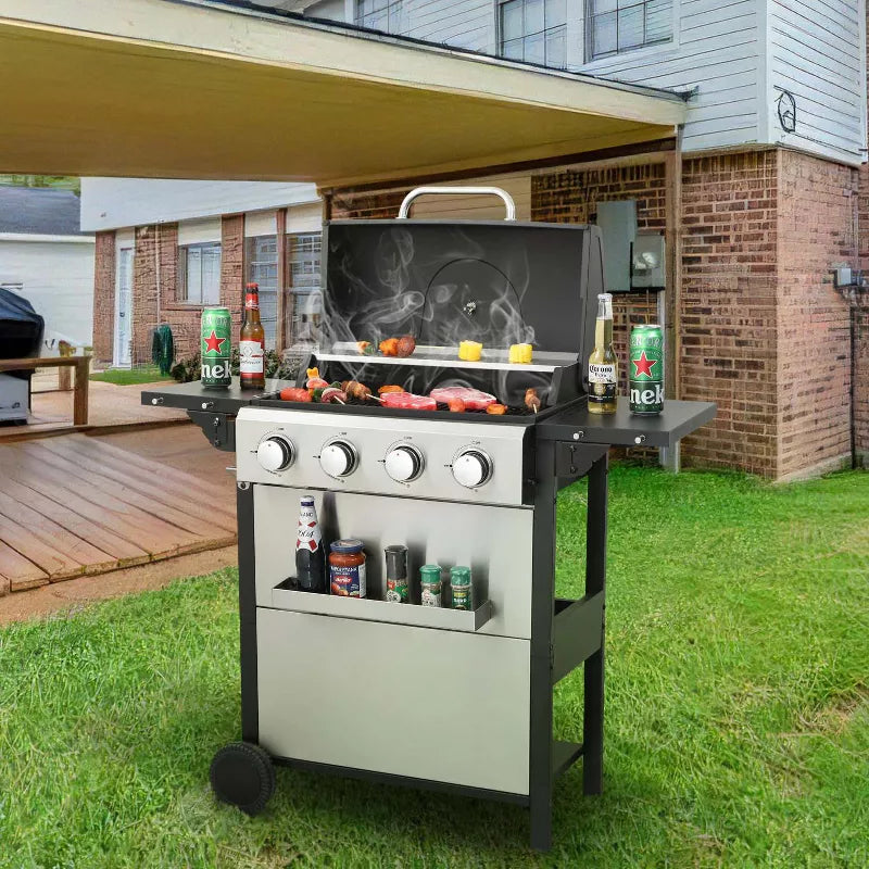 BestParts 4-Burner Propane BBQ Grill, Outdoor Gas Barbecue Cooker with Side Table, 34200 BTU, Enamel Grates, Wheels, Stainless Steel Frame