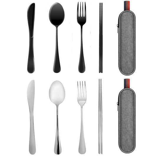 2 Set Travel Utensils with Case, Black & Silver Color Portable Silverware Set for Work Stainless Steel Reusable Travel Cutlery Set Fork Spoon Set for Camping Picnic Gadgets Lunch Box for Men Women