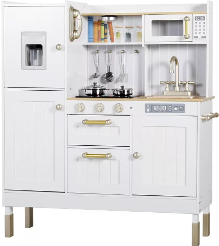 Kinder King Wooden Kids Play Kitchen, Toy Kitchen Playset for Toddler, Realistic Kitchen Sets w/Lights & Sounds, Gift for Boys Girls Age 3+, Gold