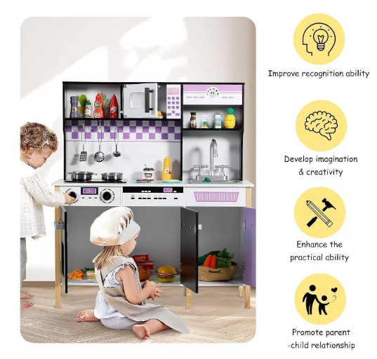 Kinder King Wooden Kids Play Kitchen, Toy Kitchen Playset for Toddler, Realistic Kitchen Set w/Lights & Sounds, Gift for Boys Girls Age 3+, Purple