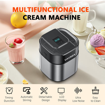 Ice Cream Maker with Three Modes, Frozen Yogurt Machine with LCD Screen & Timer, 1.6 Qt Double Insulated Freezer Bowl, Sorbet Maker, Stainless Steel