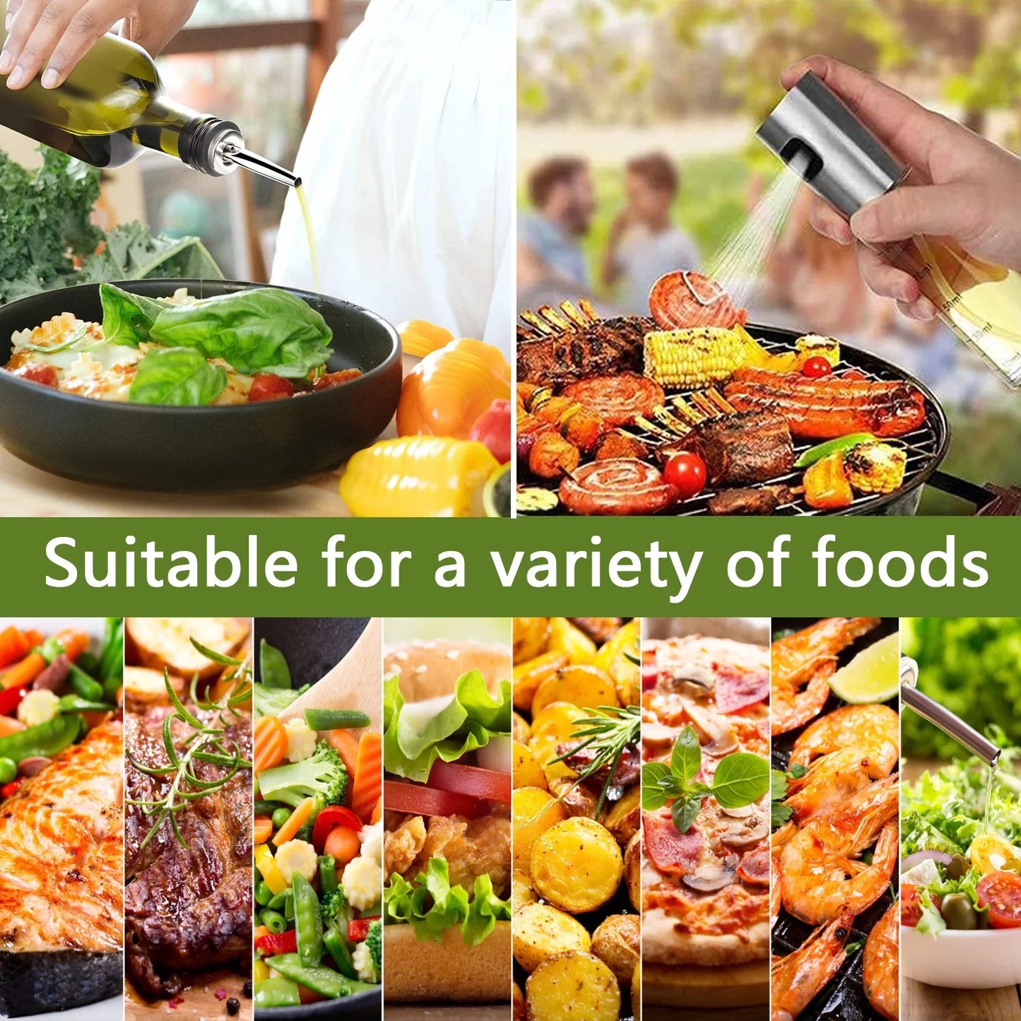 Aovky Olive Oil Dispenser Bottle ,Oil Sprayer Bottle Set for Kitchen Cooking, 17.6 Oz Green Oil and Vinegar Cruet with Drip-Free Stainless Steel Spout and 100 ML Oil Spray with Measurements