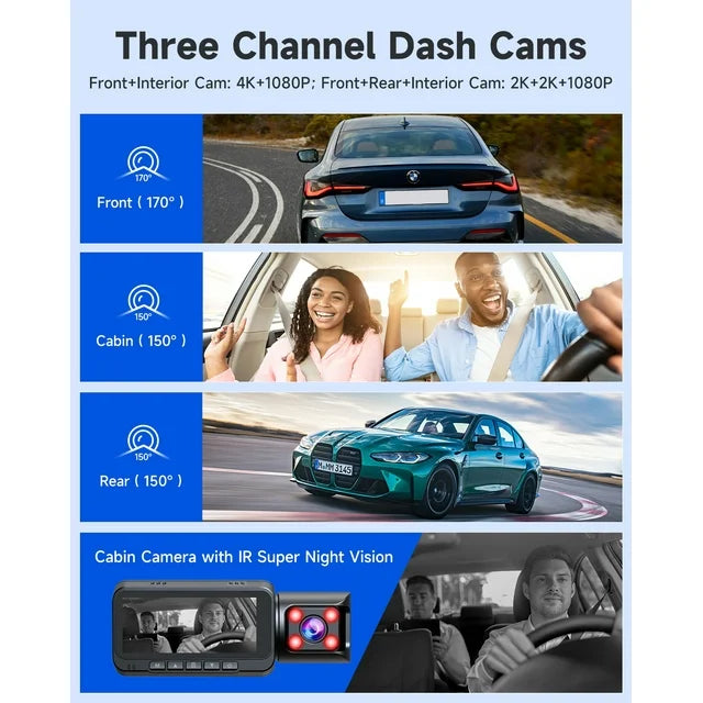 4K Dash Cam Front and Rear TOGUARD 3 Channel Front Inside Rear Dash Camera Car Camera with IR Night Vision, GPS, Loop Recording, G-sensor, Parking Monitor, Motion Detection