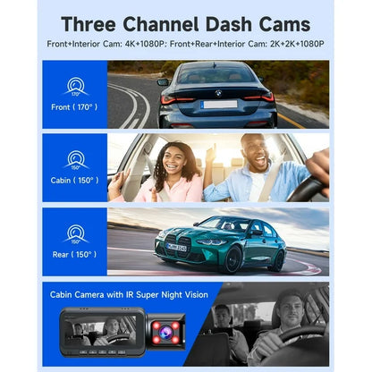 4K Dash Cam Front and Rear TOGUARD 3 Channel Front Inside Rear Dash Camera Car Camera with IR Night Vision, GPS, Loop Recording, G-sensor, Parking Monitor, Motion Detection
