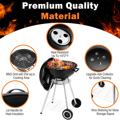 Segmart Kettle Charcoal Grill, 18 Inch Portable Camping BBQ Grill with Wheels for Outdoor Cooking Picnic Barbecue, Black