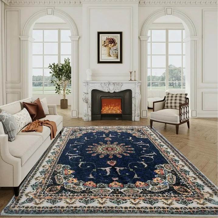 SUSUZI 5.3' x 7.5' Area Rug - Bohemian Retro Carpet, Machine Washable, Non-Slip, Low-Pile Soft Rug for Living Room, Bedroom, Blue