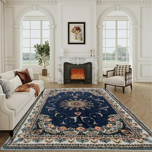 SUSUZI 5.3' x 7.5' Area Rug - Bohemian Retro Carpet, Machine Washable, Non-Slip, Low-Pile Soft Rug for Living Room, Bedroom, Blue