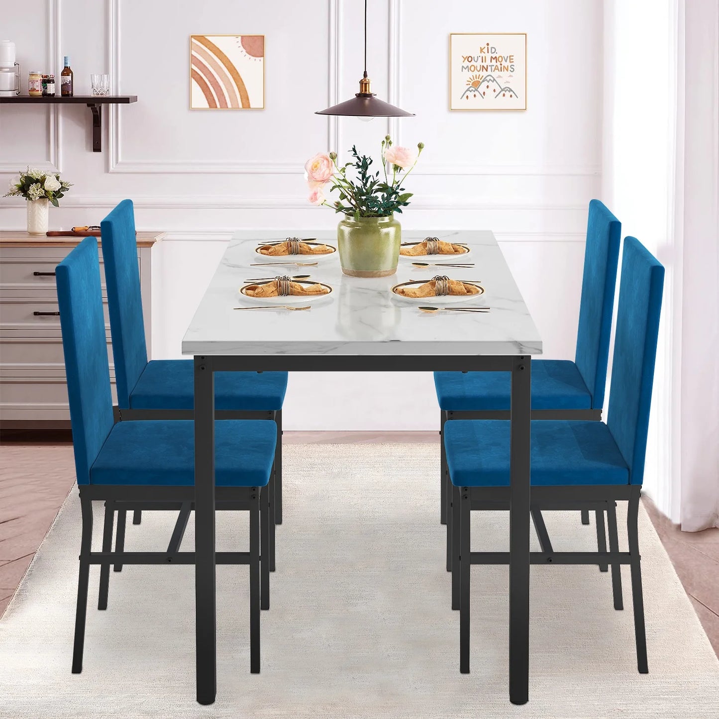 SEGMART Dining Table with 4 High-back Upholstered Chairs, Modern Dinette Set, Dining Table & Chairs Set for 4 Persons, Small Home Kitchen Dining Table Set, Ideal for Apartment Breakfast Nook