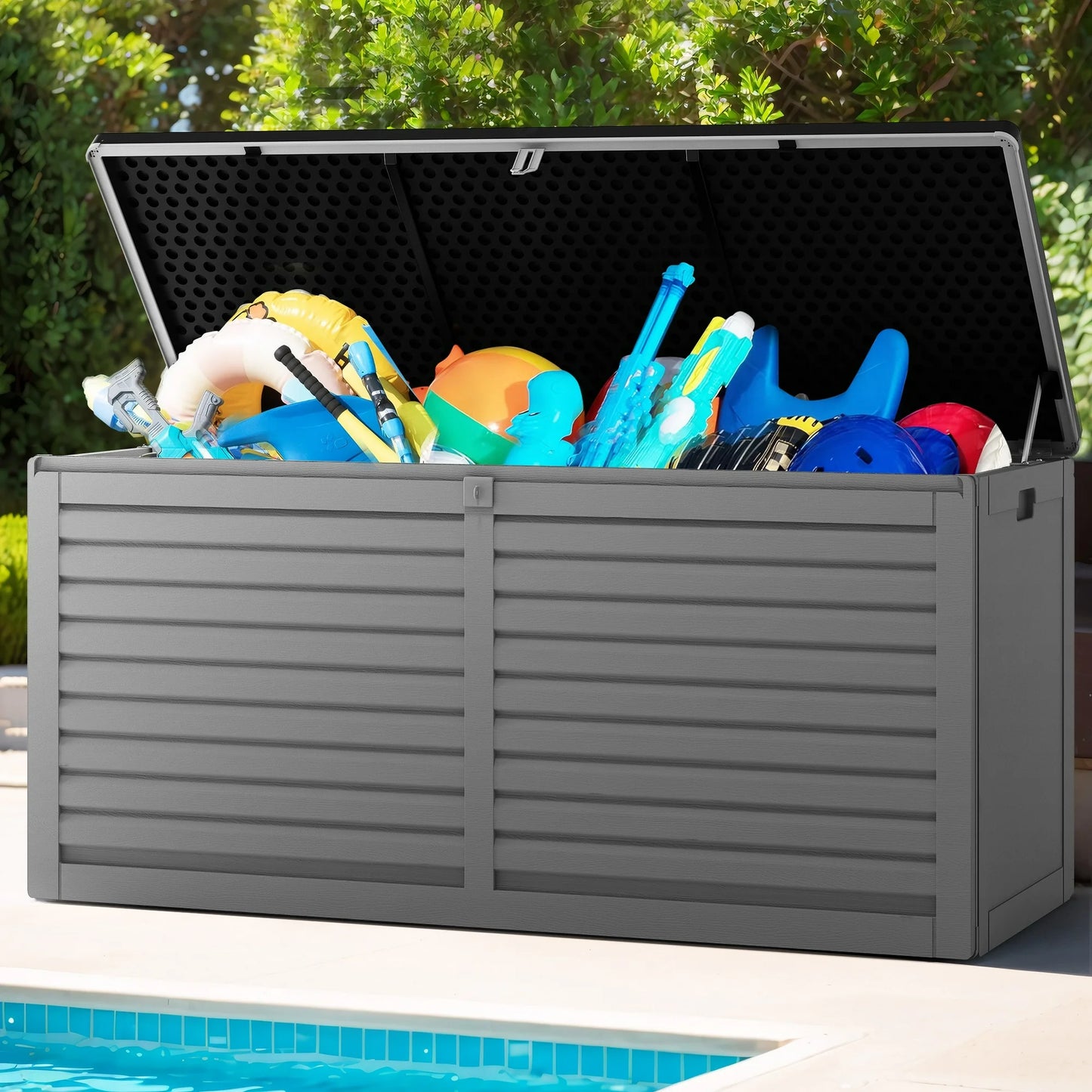 90 Gallon Resin Deck Box, Outdoor Lockable Storage Container for Patio Cushions, Garden Tools, Pool Supplies, Toys, Waterproof and UV Resistant