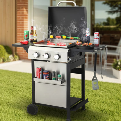 2 in 1 Propane Gas Grill and Griddle Combo, 3 Burner Griddle Grill Combo with Folding Side Tables & Hanging Basket, 36,900BTU Stainless Steel Propane Grill for Outdoor Cooking