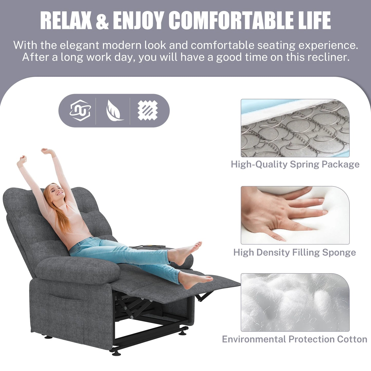 Segmart Power Lift Recliner Chair for Elderly, Heavy Duty 440lbs Antiskid Classic Fabric Linen Sofa Chair, 3 Motors Ergonomic Lounge Single Sofa with Overstuffed Arms and Remote Control, Grey