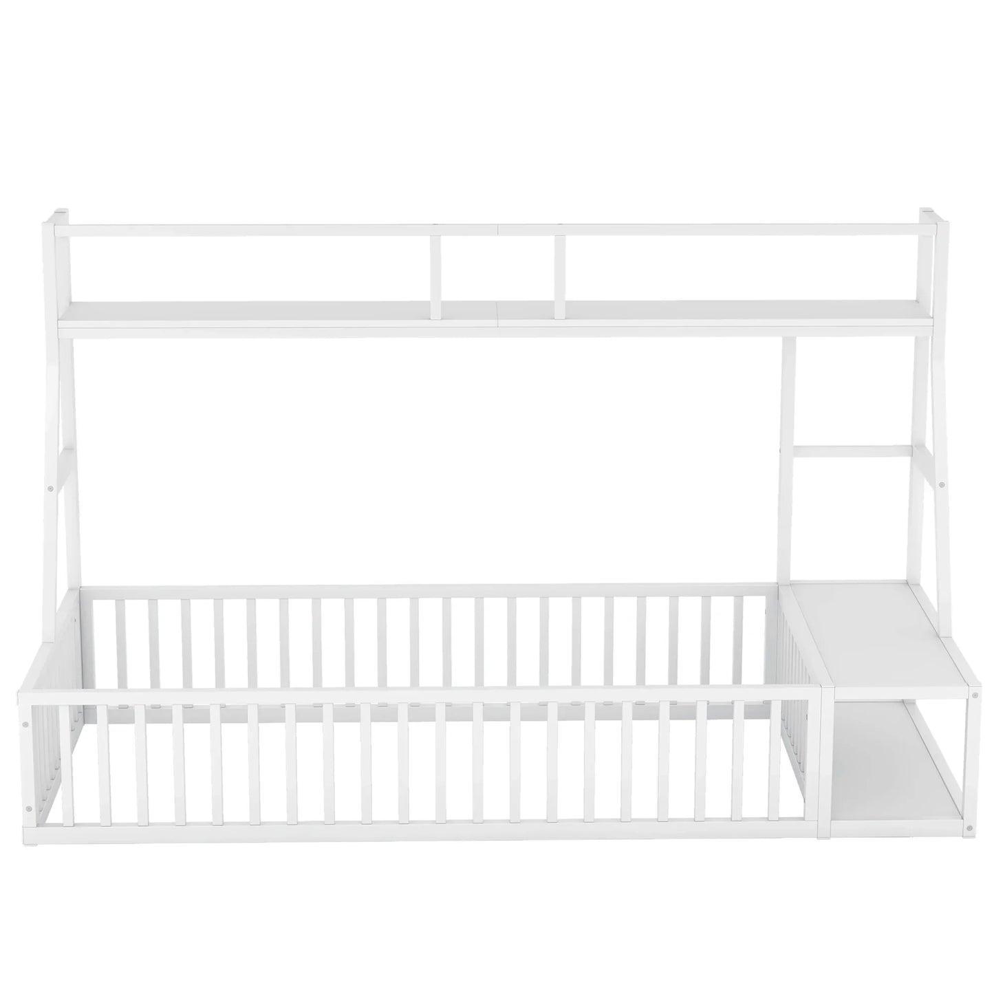 VLDTDRDI Twin Size Toddler Floor Bed with Desk and Storage Shelves,Playhouse Floor Bed Frame for Kids,Metal Floor Bed Twin Size with Safety Guardrails,Bed Twin Size for Girls,Boys