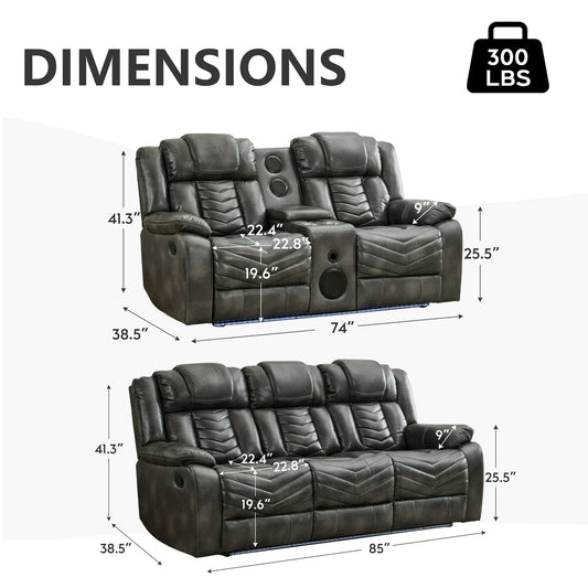 Othniel Manual Recliner Sofa Set 5-Seater with Bass Speaker,Wireless Charger,LED Light Gray